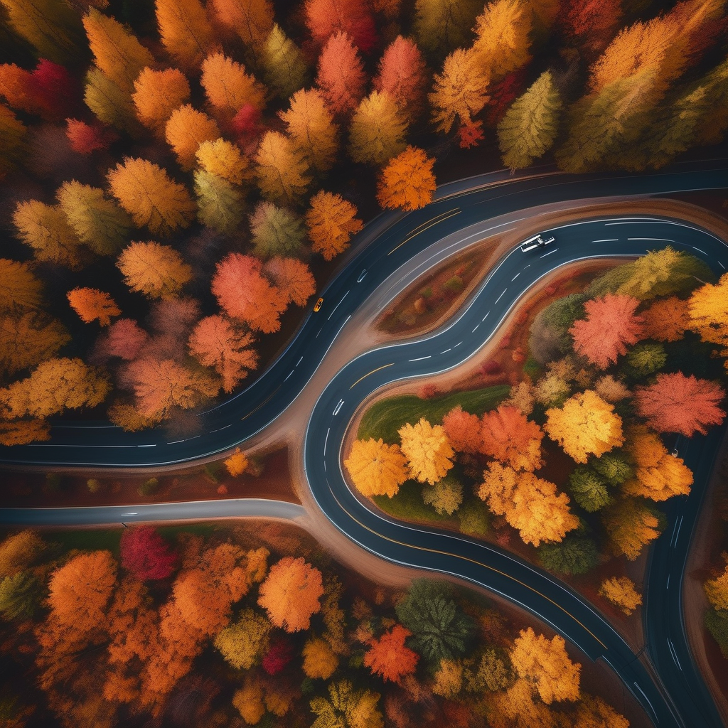 A Drones Eye View Of A Winding Road Through An Autumn Forest Orange Le