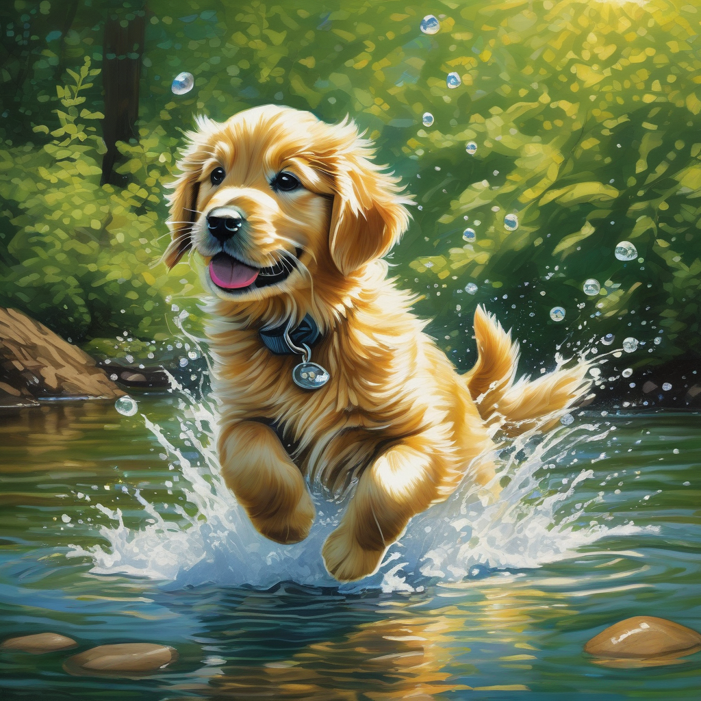 Ultra Realistic Photo Of A Puppy Splashing In A Shallow River