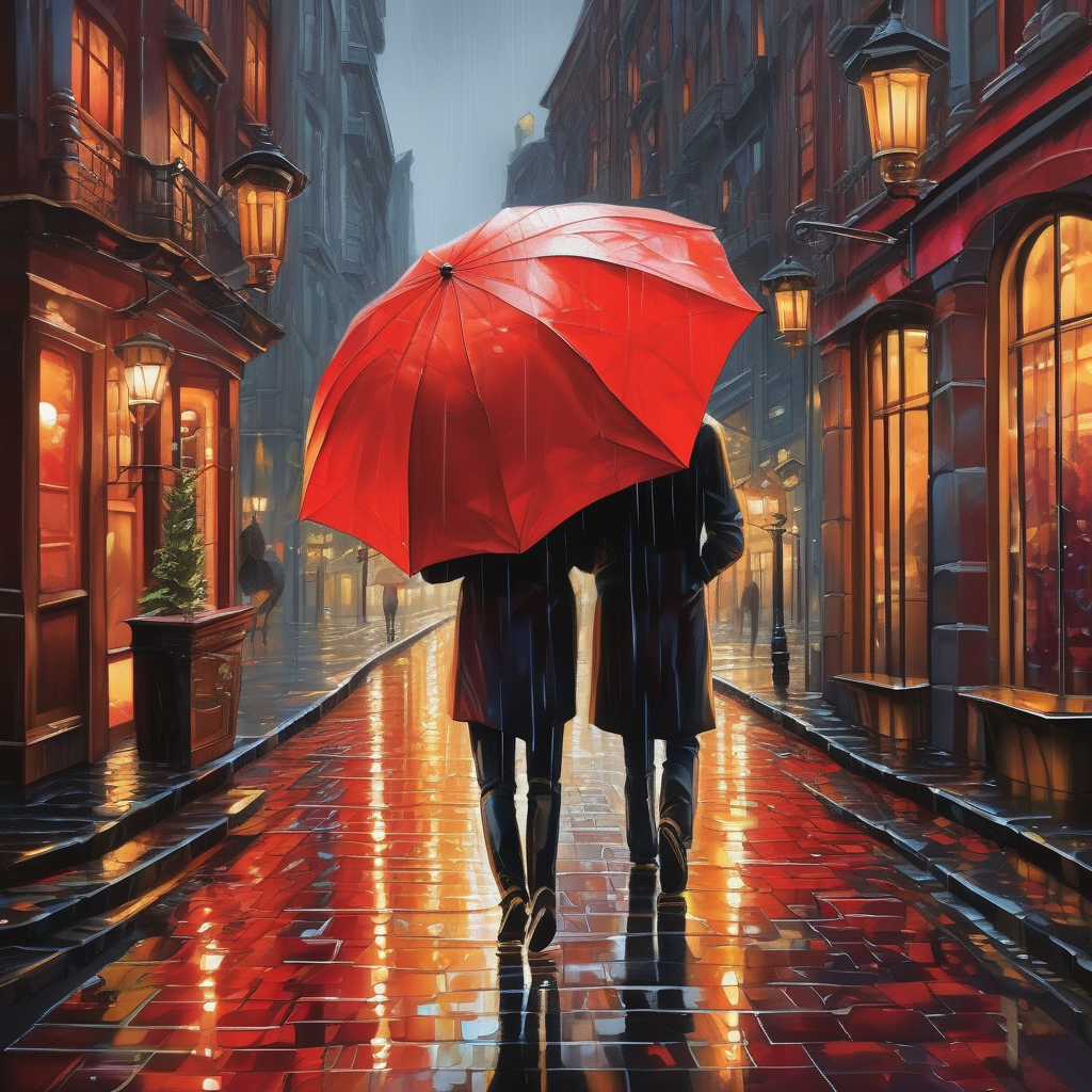 Ultra Realistic Photo Of A Red Umbrella On A Wet Cobblestone Street