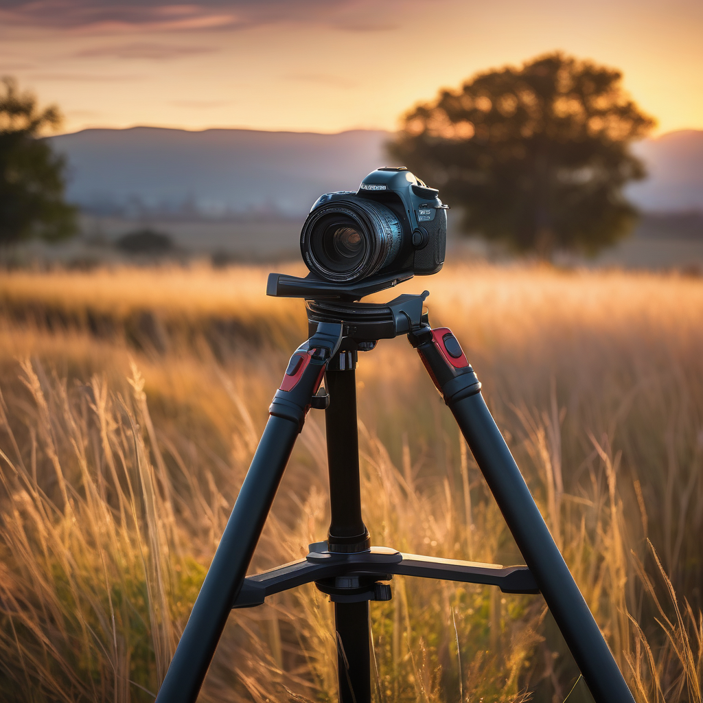 A Dslr Camera On A Tripod In Golden Hour Light Lens Flare And Texture 