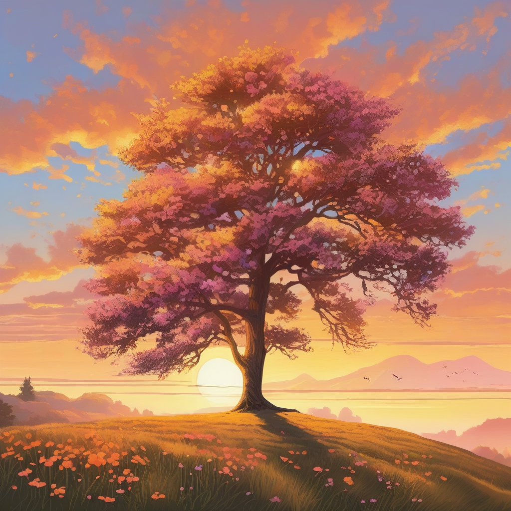 Ultra Realistic Photo Of A Single Tree On A Hill During Golden Hour