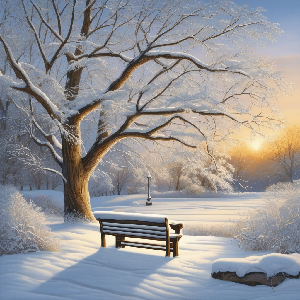 Ultra Realistic Photo Of A Snow Covered Bench Under A Tree