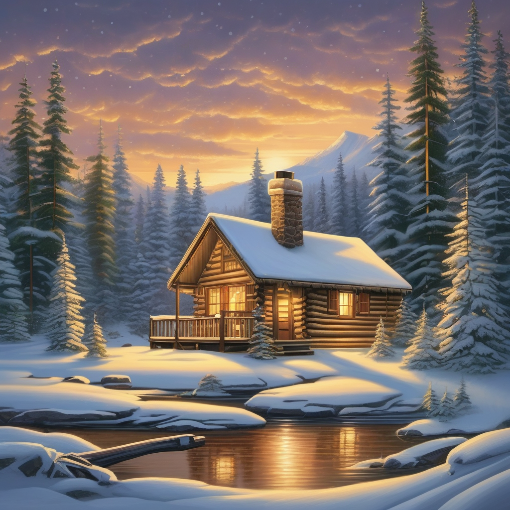 Ultra Realistic Photo Of A Snow Covered Cabin In Pine Woods