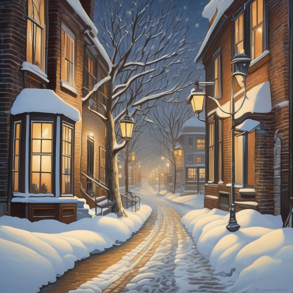 Ultra Realistic Photo Of A Snowy Street With Glowing Windows