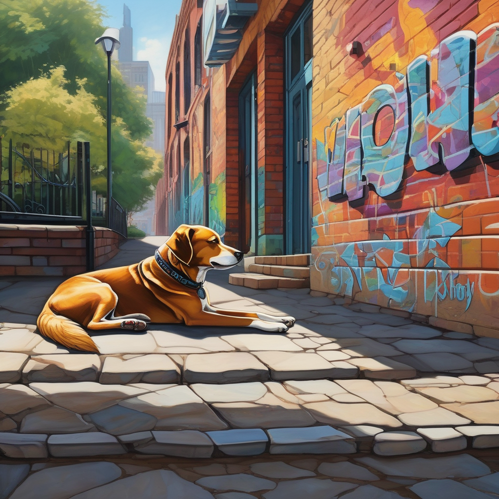 Ultra Realistic Photo Of A Street Dog Sleeping On A Warm Sidewalk