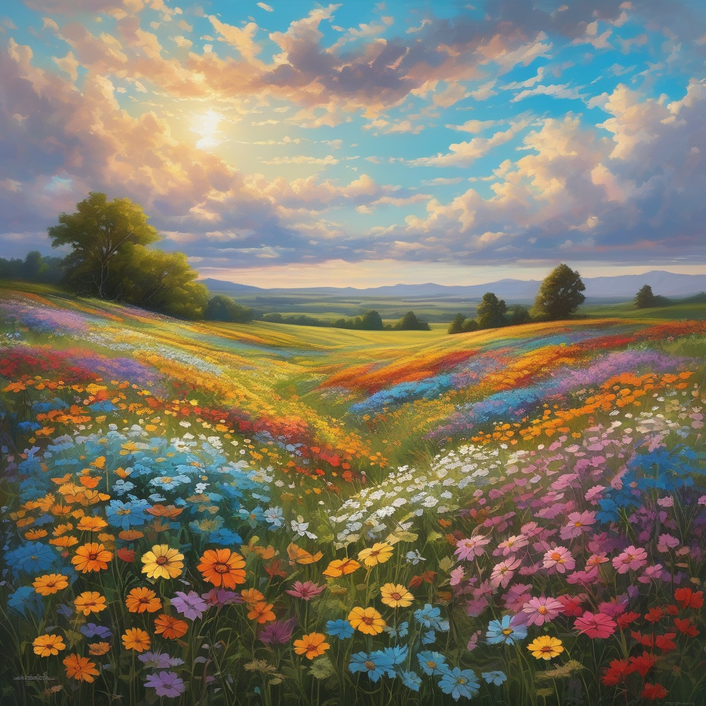 A Field Of Blooming Wildflowers Under A Cloudy Sky Cinematic Compositi