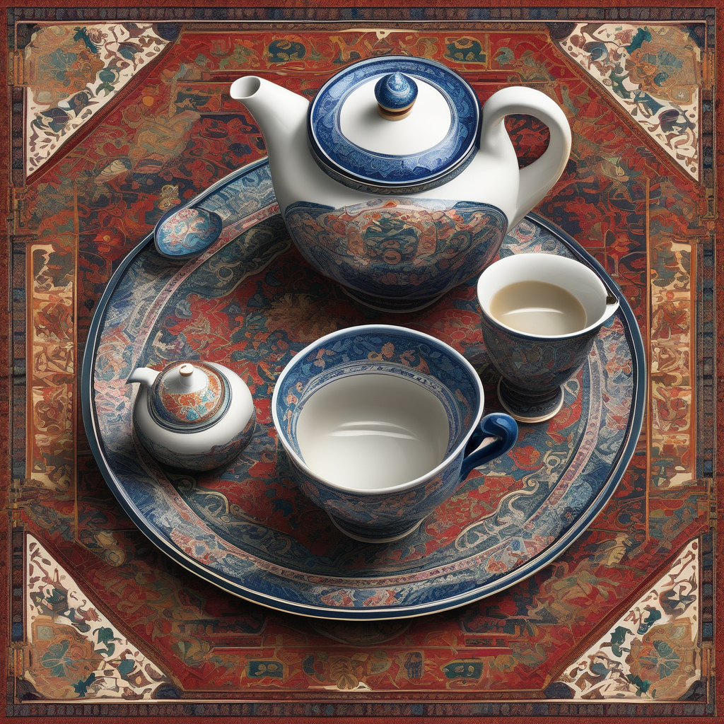 Ultra Realistic Photo Of A Tea Set On A Round Oriental Carpet