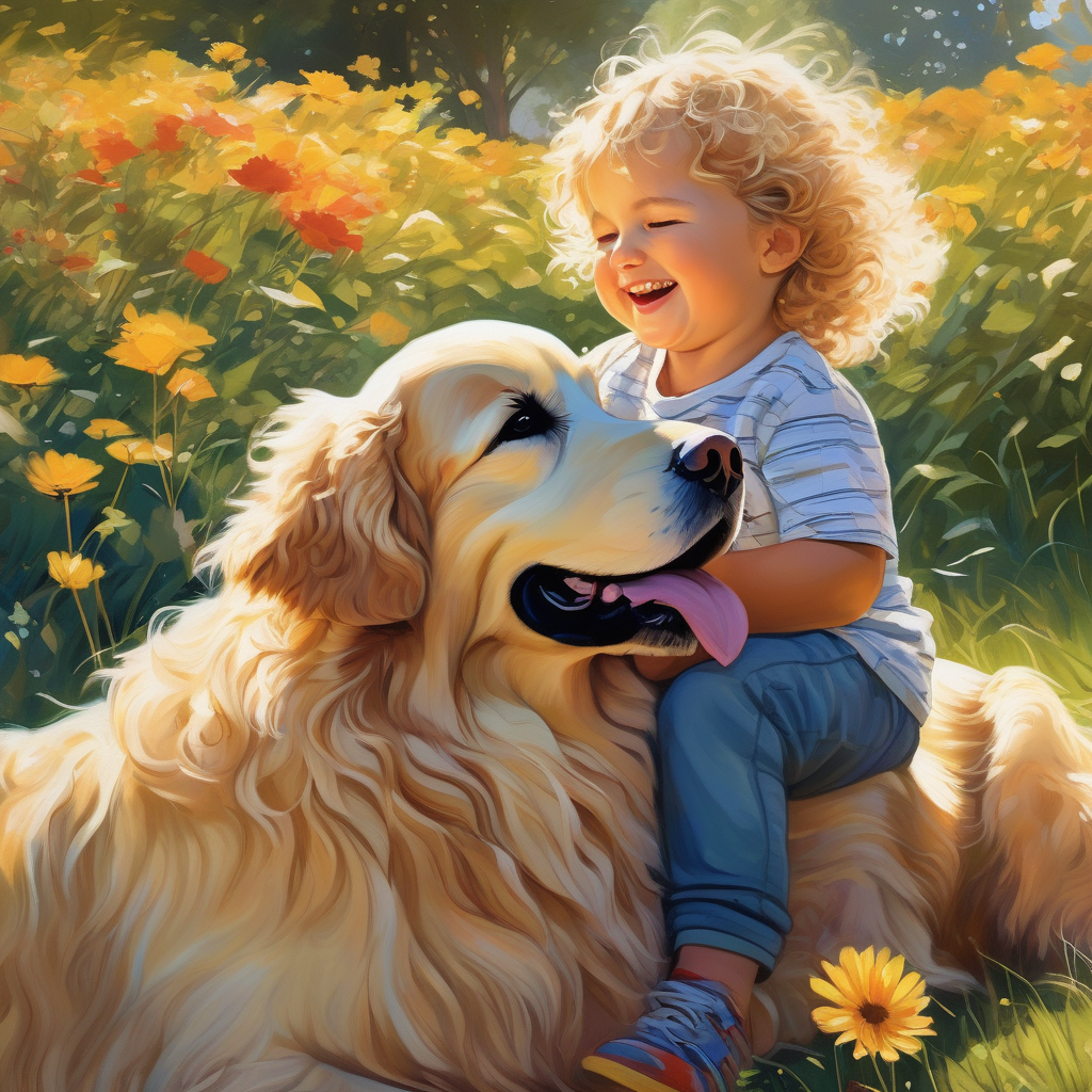 Ultra Realistic Photo Of A Toddler Hugging A Fluffy Golden Retriever