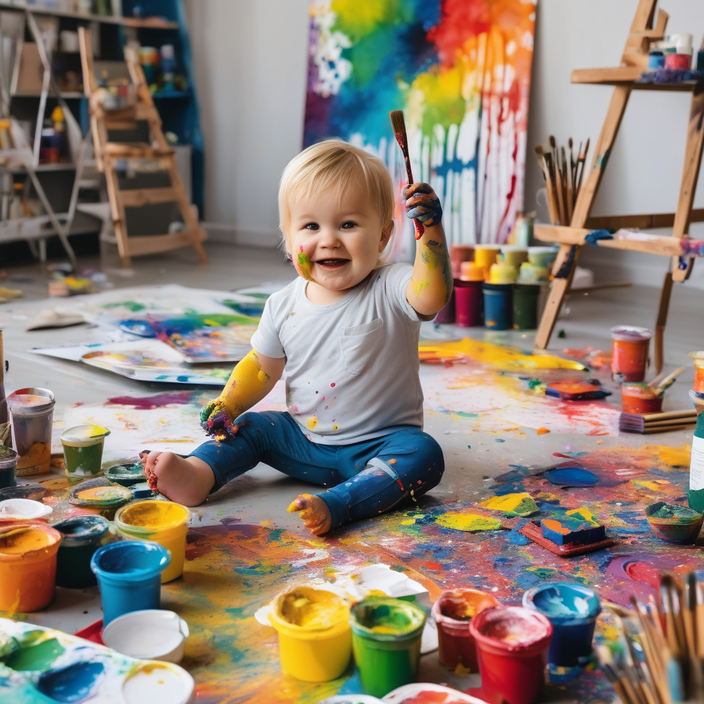 Ultra Realistic Photo Of A Toddler Smiling With Hands In Paint