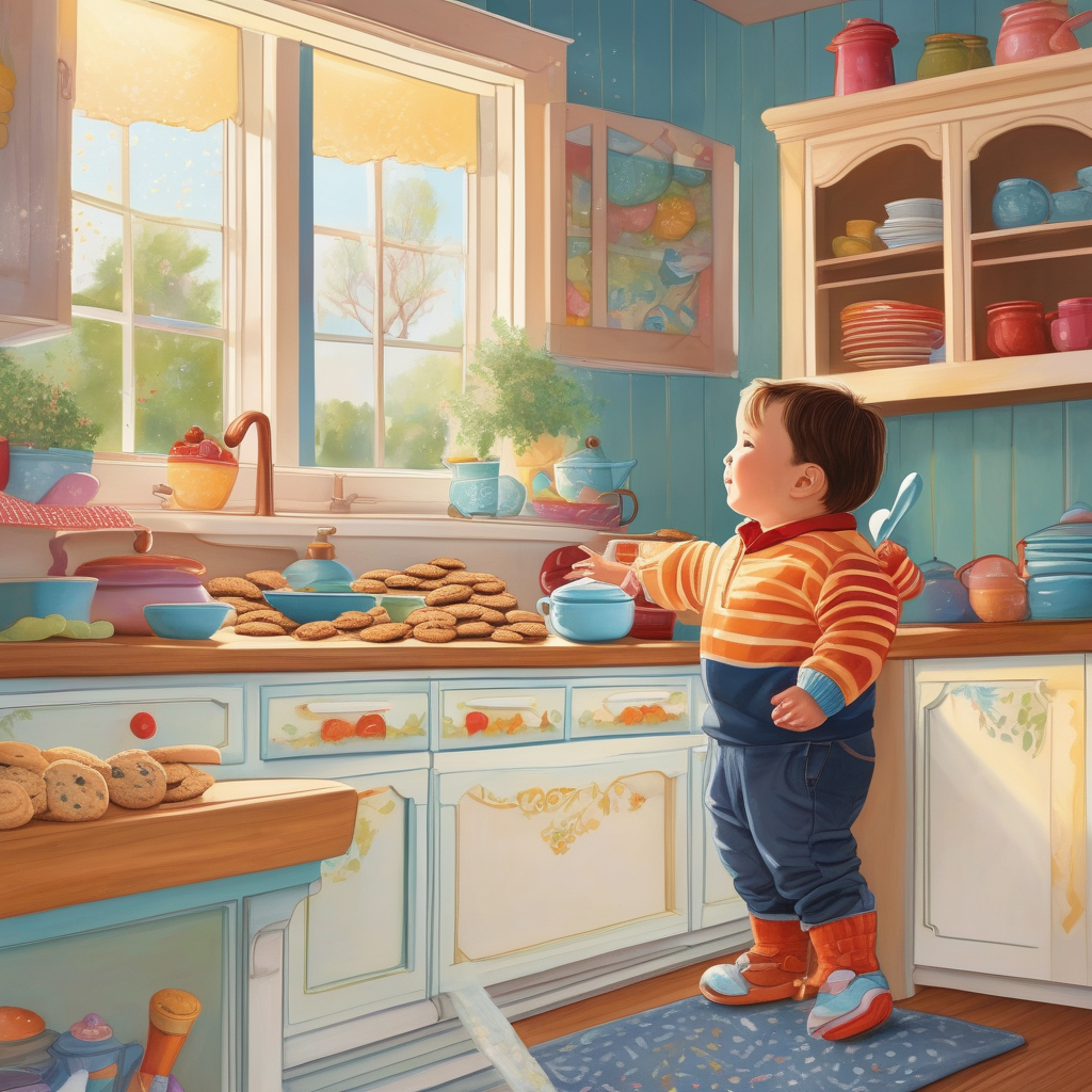 Ultra Realistic Photo Of A Toddler Standing On Tiptoes To Reach Cookie