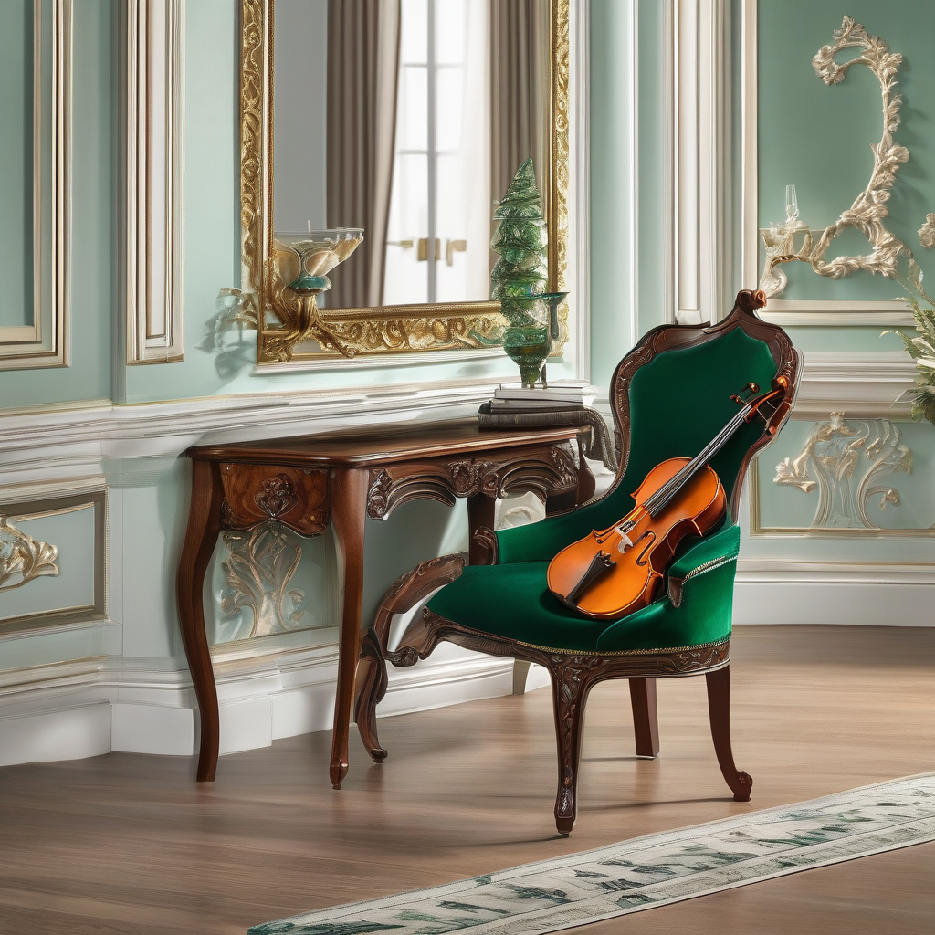 Ultra Realistic Photo Of A Violin Resting On A Velvet Lined Chair