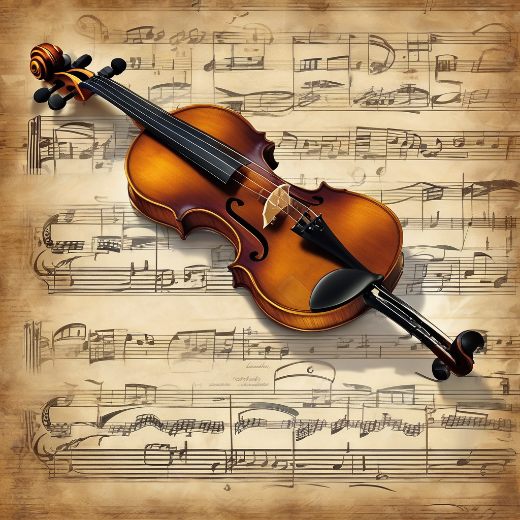 Ultra Realistic Photo Of A Violin Resting On Aged Sheet Music