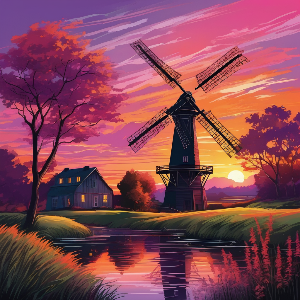 Ultra Realistic Photo Of A Windmill Turning In The Sunset