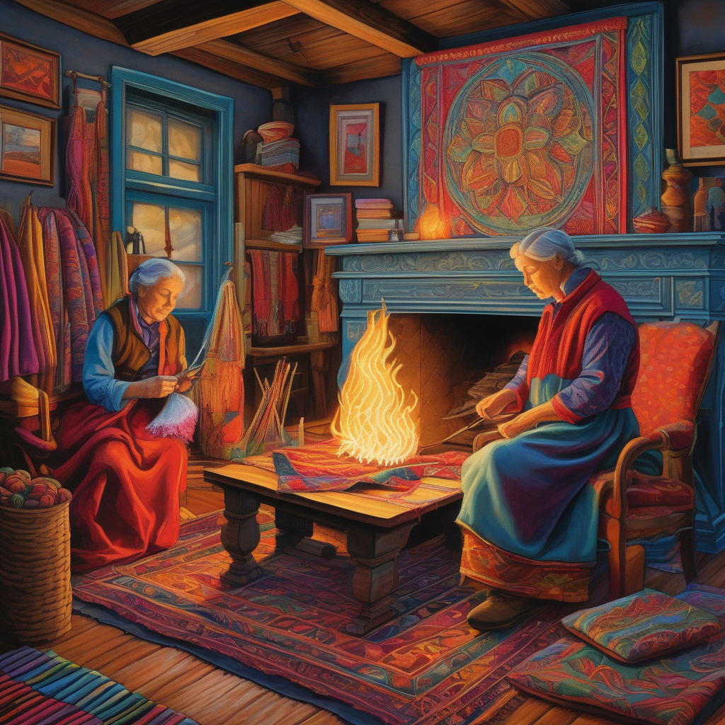 Ultra Realistic Photo Of A Woman Doing Embroidery By The Fire