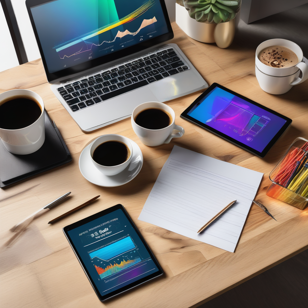 A Flatlay Photo Of A Tidy Business Desk With Graphs Tablet And Coffee 