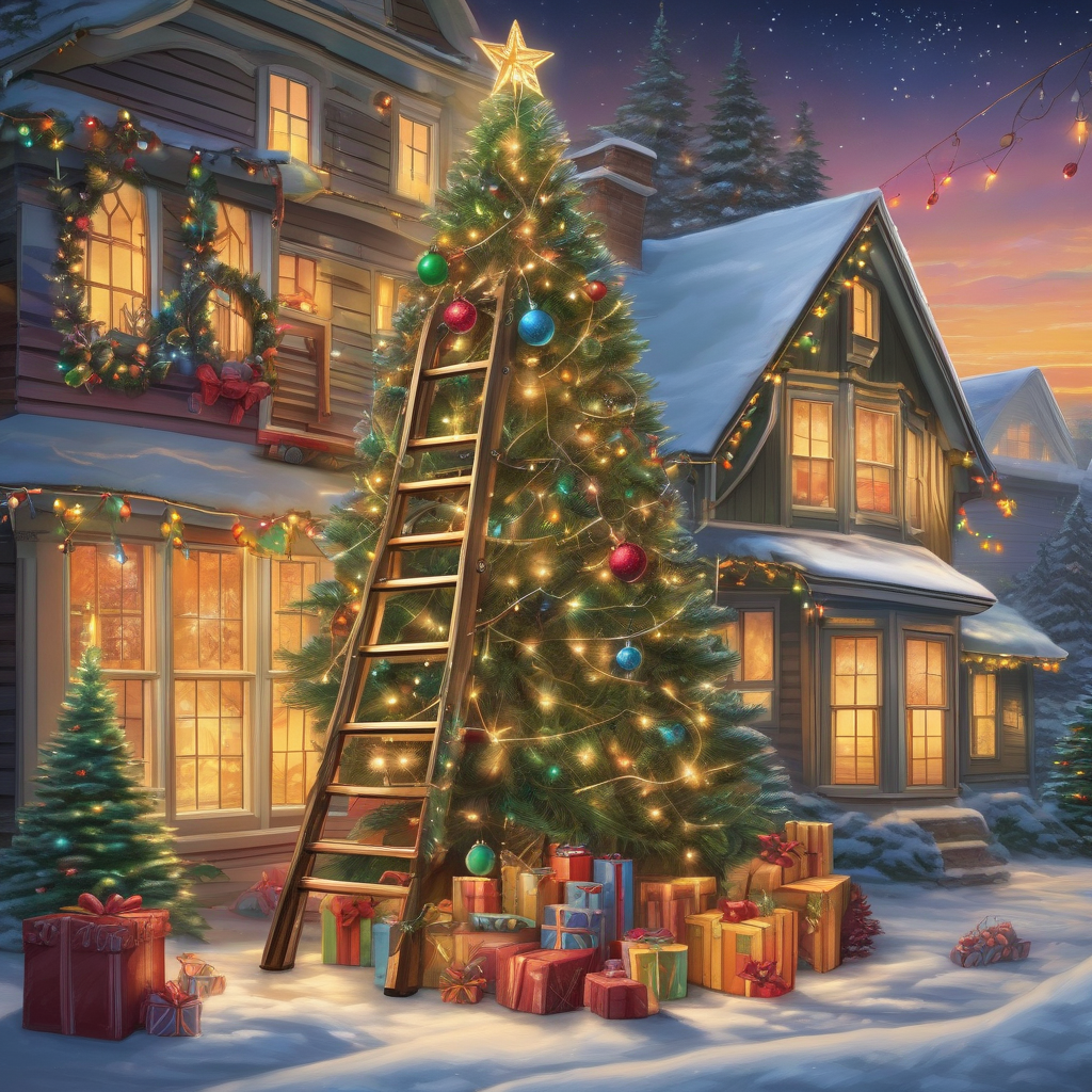 Ultra Realistic Photo Of A Woman Hanging Lights On A Tree