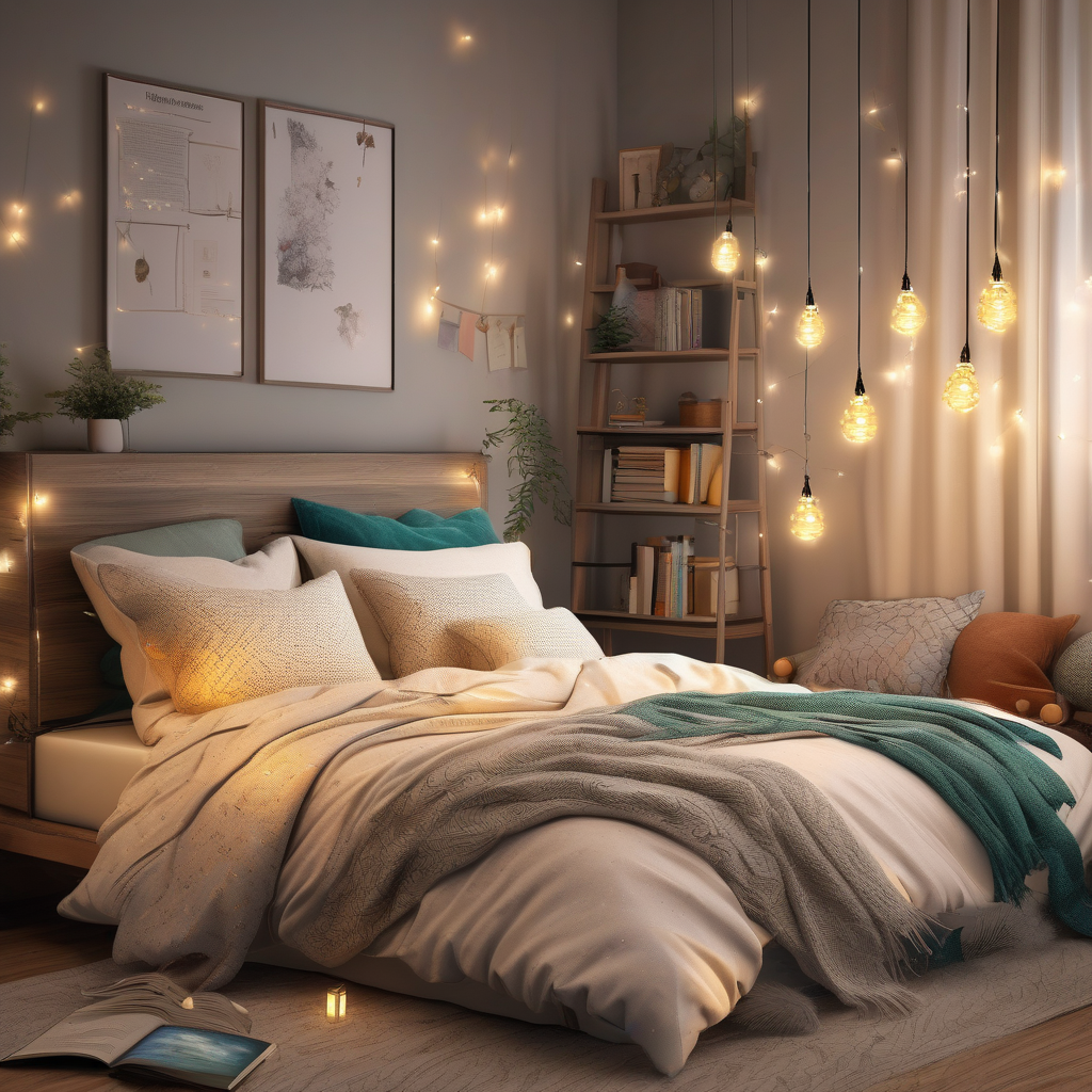 Ultra Realistic Photo Of A Woman Reading With Fairy Lights Above Bed
