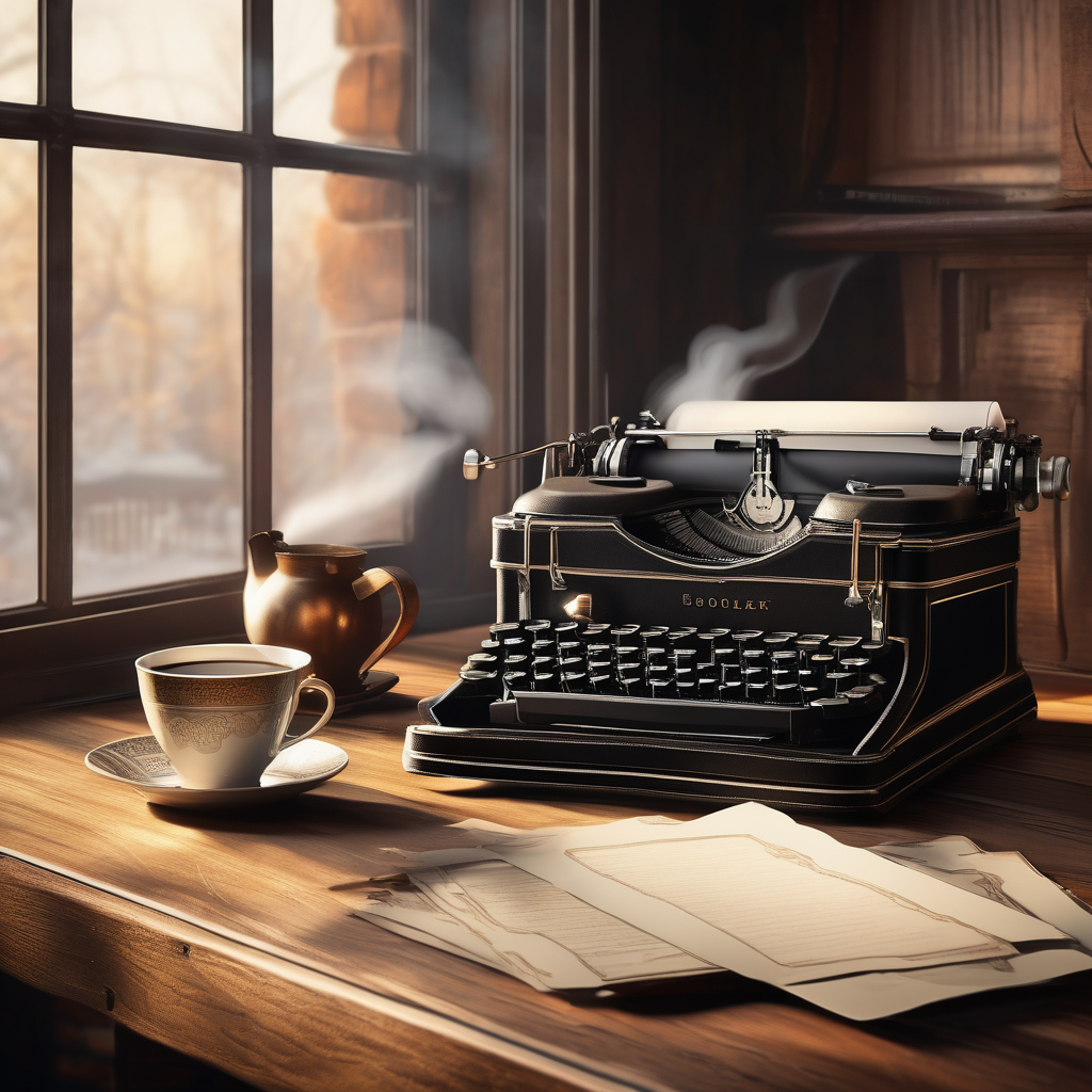 Ultra Realistic Photo Of A Woman Sitting With A Typewriter And Tea