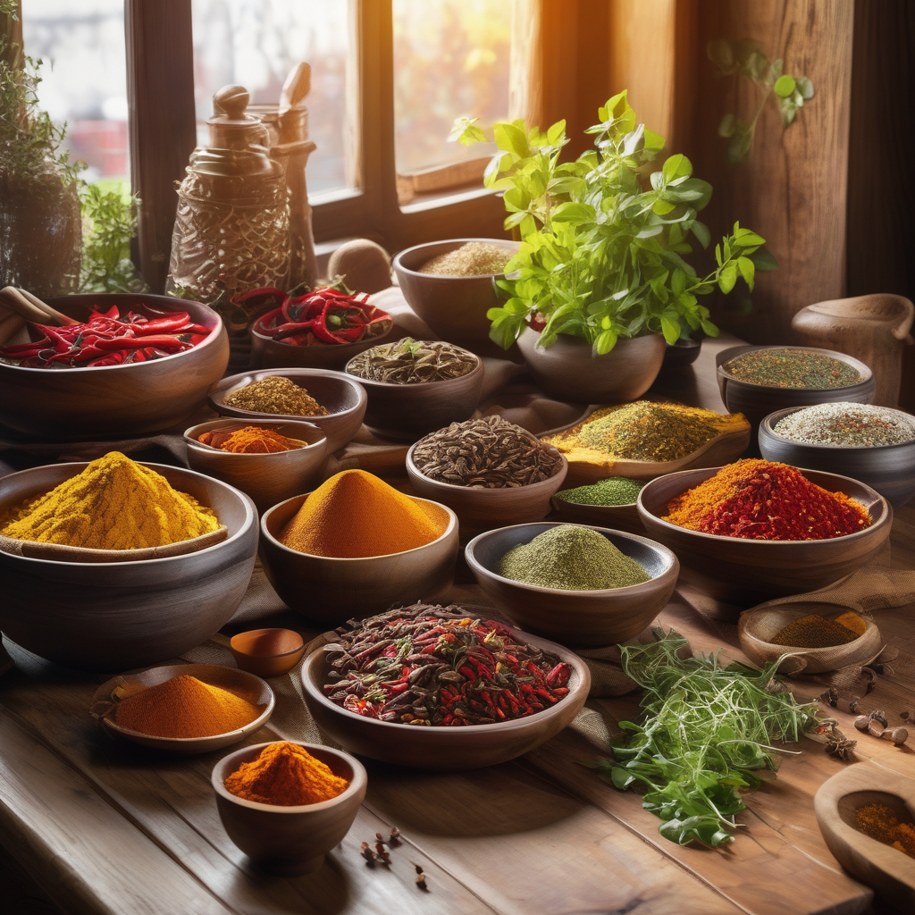 Ultra Realistic Photo Of A Wooden Table Full Of Spices And Herbs