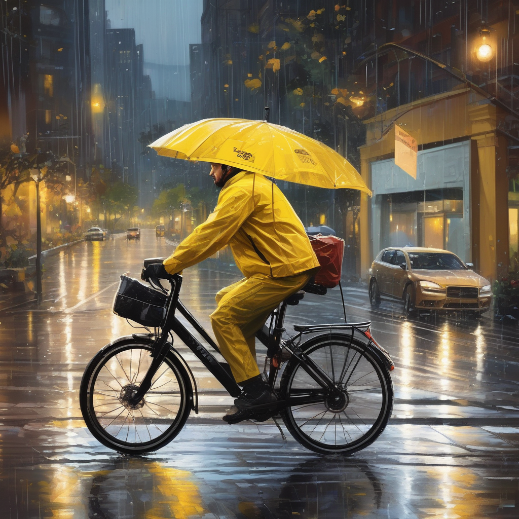 A Food Delivery Courier On A Bike Riding Through A Rainy Evening Stree