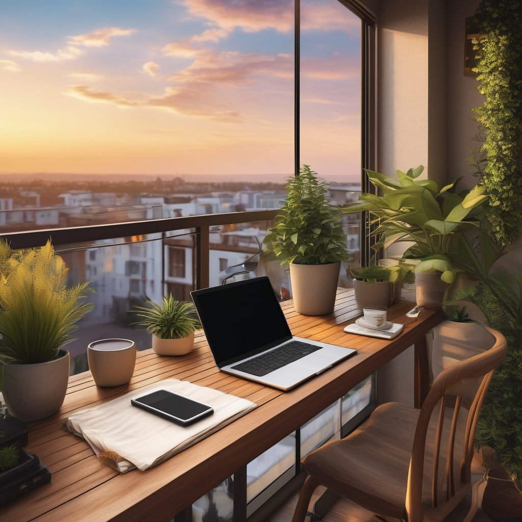 A Freelance Developer Working From A Balcony With A Laptop Open To A J