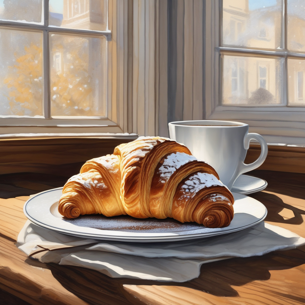 A Fresh Croissant On A Ceramic Plate With Powdered Sugar Cafe Setting 