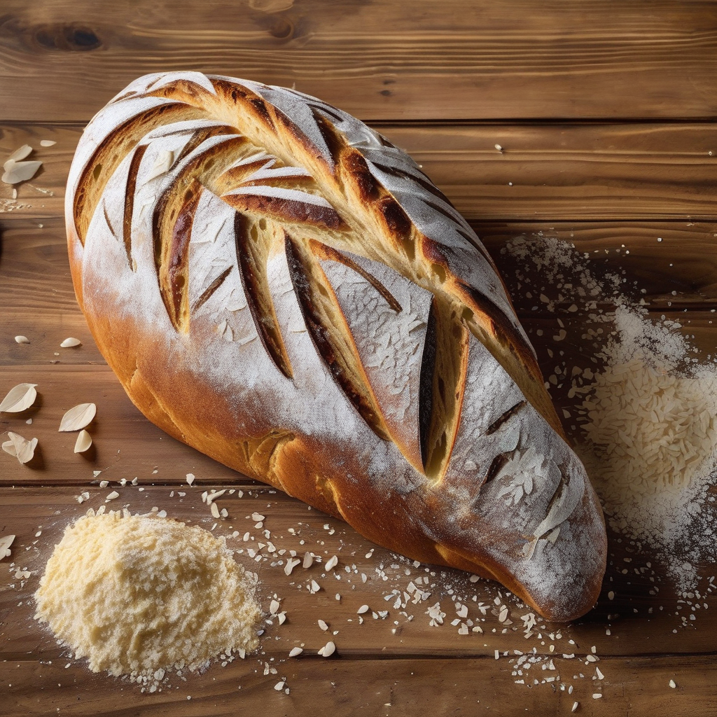 A Fresh Loaf Of Sourdough Bread On A Rustic Wooden Table Dusted With F