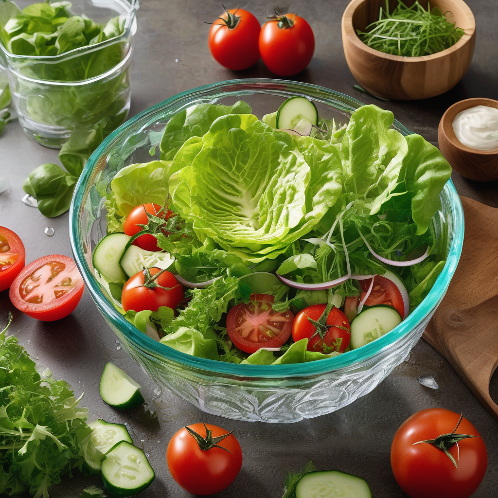 A Fresh Salad Being Tossed In A Glass Bowl Focus On Vegetables And Mot
