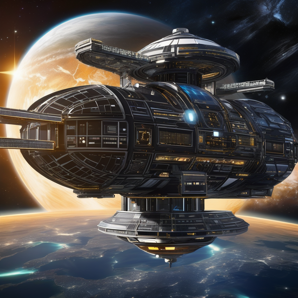 A Futuristic Space Station Orbiting Earth Stars And Clouds Visible Cin