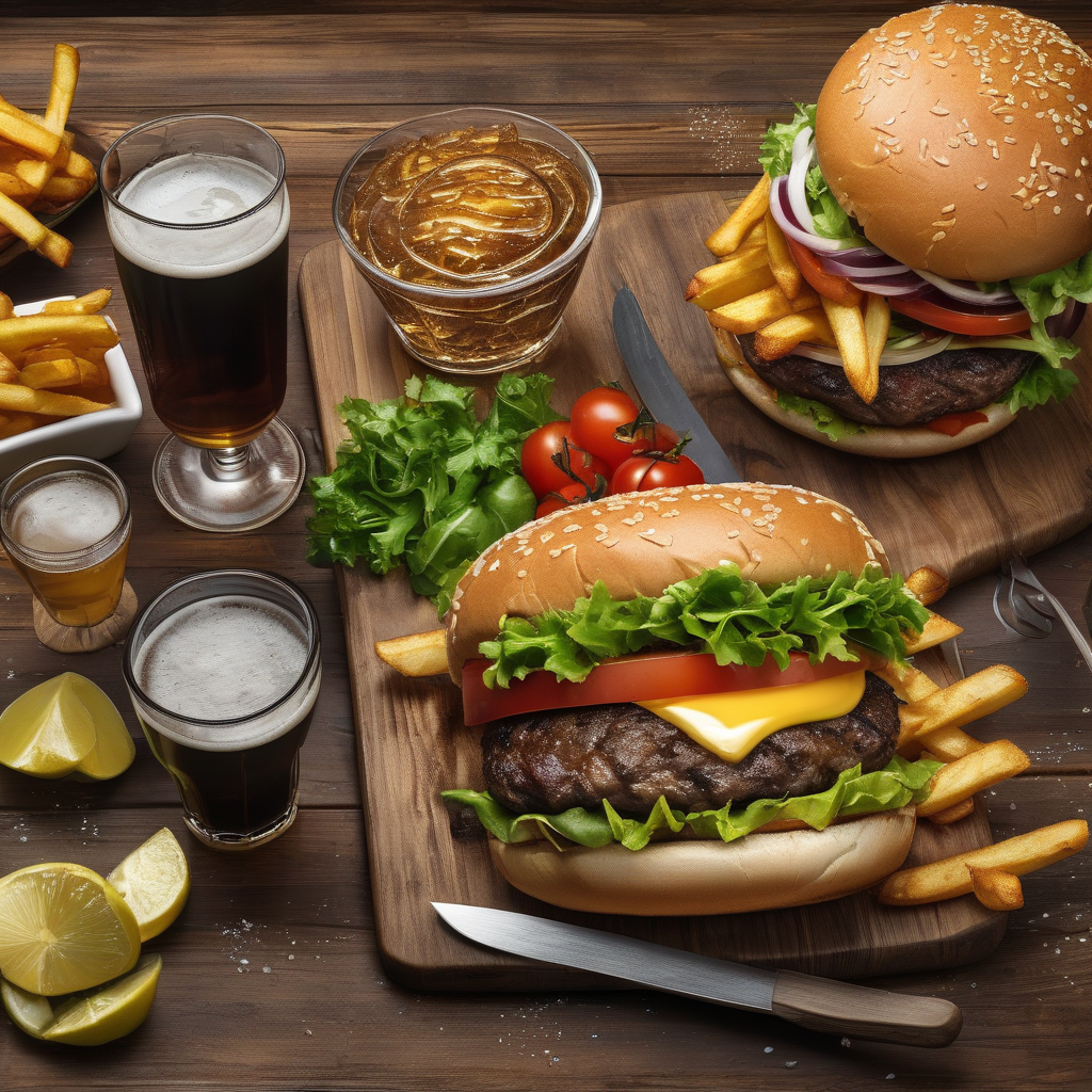 A Gourmet Burger On A Wooden Board With Fries And Beer Moody Lighting