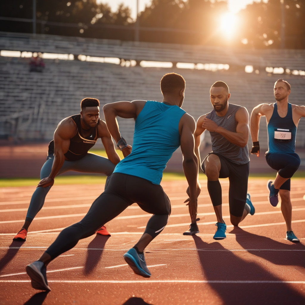 A Group Of Athletes Stretching On A Track Field During Golden Hour Ult
