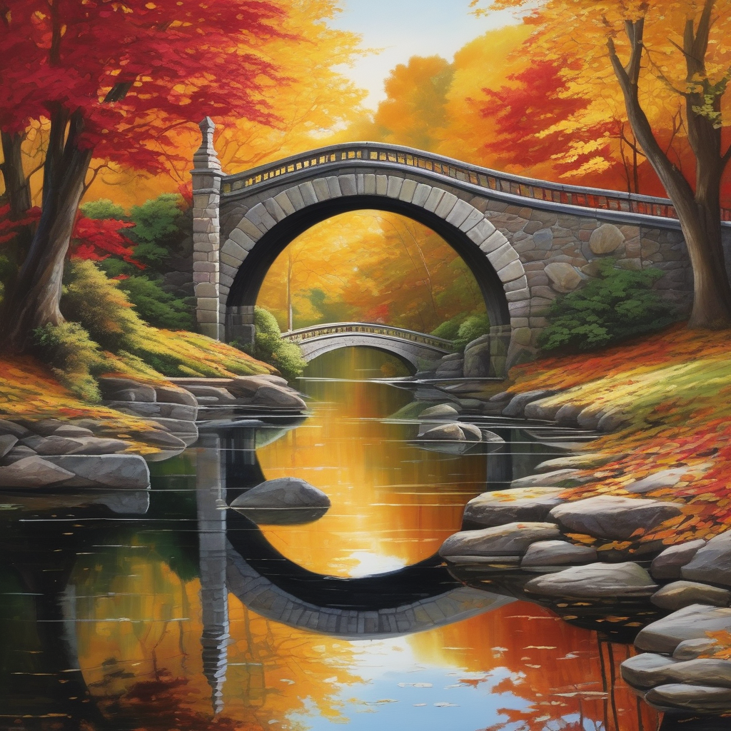 A Bridge Over A River Surrounded By Autumn Trees Crisp Reflection In W