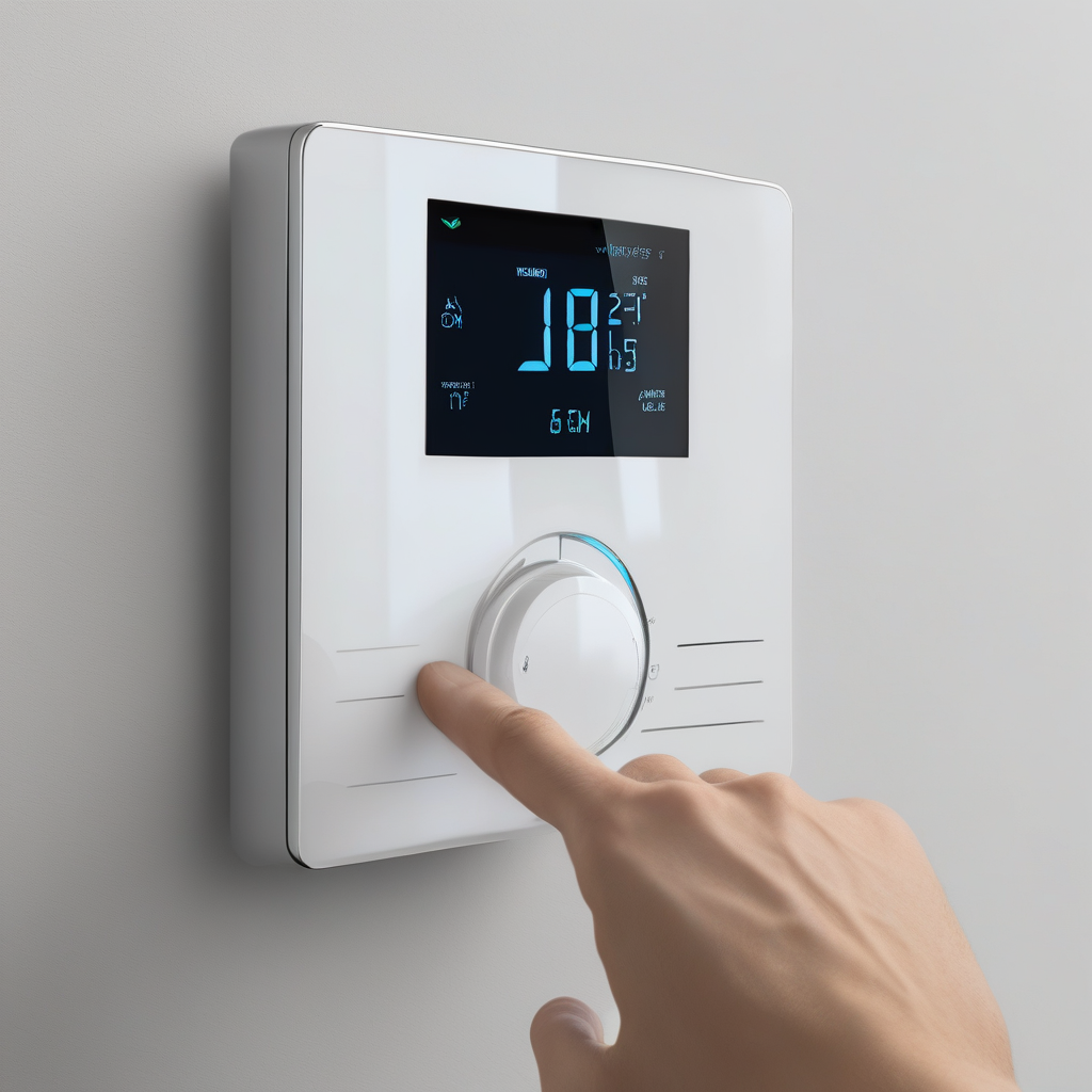 A Hand Adjusting A Thermostat On A White Wall Close Up Ultra Realistic