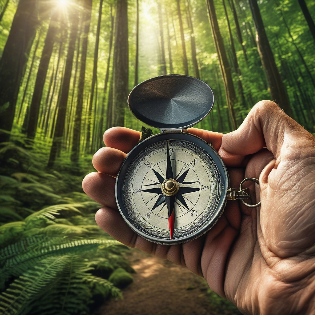 A Hand Holding A Compass On A Hiking Trail Blurred Forest In Backgroun