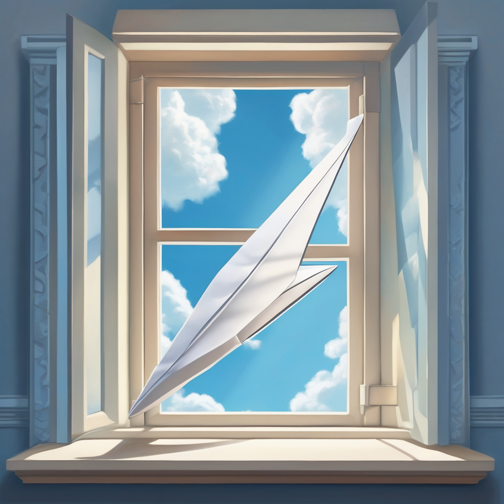 A Hand Holding A Paper Plane By A Window With Blue Sky Outside Simple 