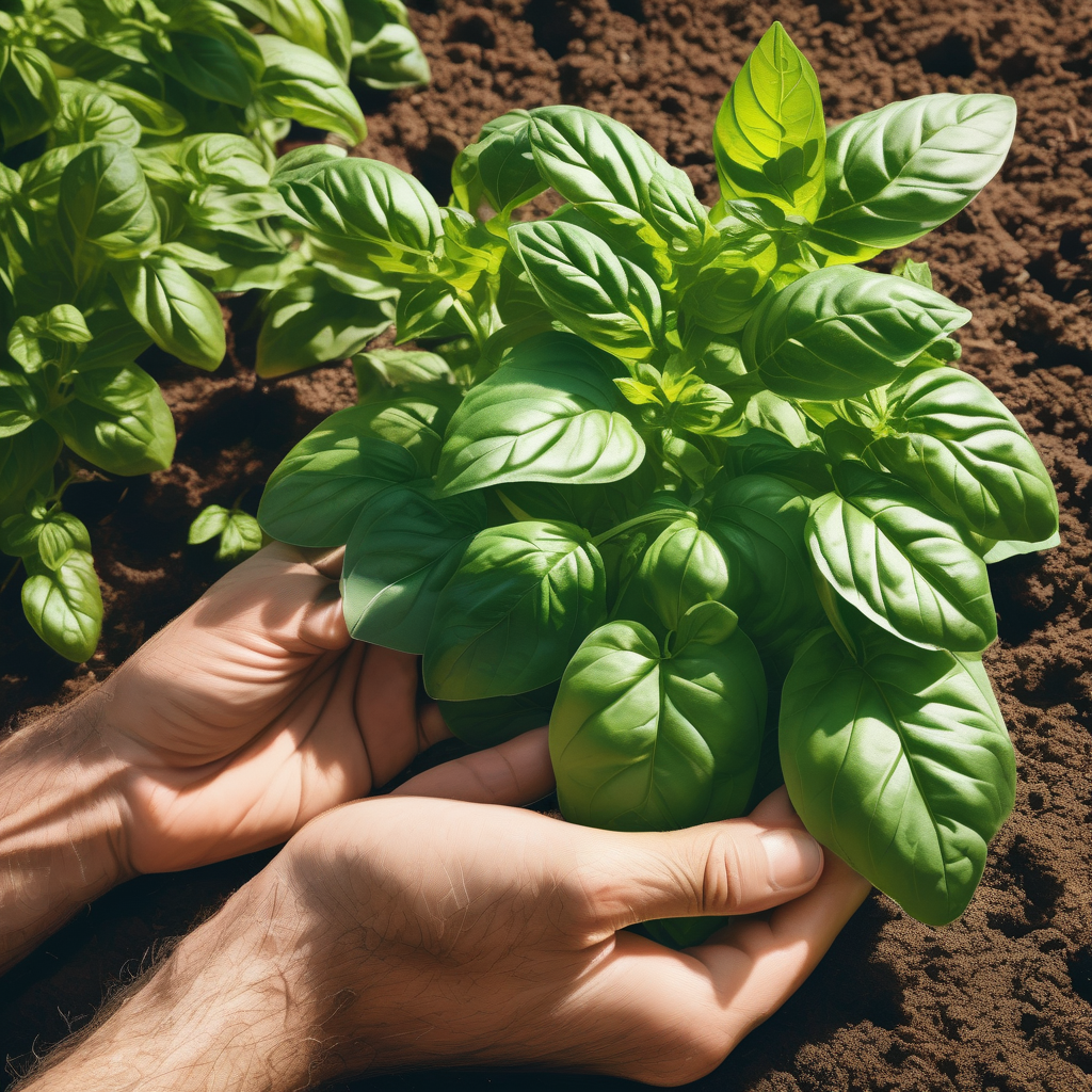 A Hand Picking Fresh Basil Leaves In A Home Garden Natural Light Ultra