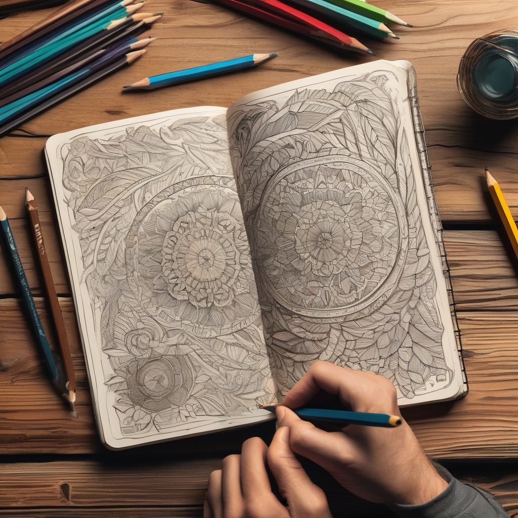 A Hand Sketching In A Notebook With Pencils Scattered Around Wood Grai