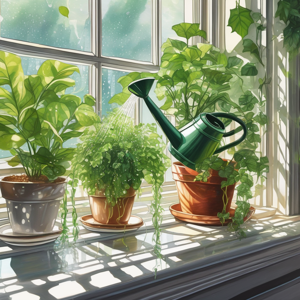 A Hand Watering Indoor Plants On A Windowsill Sunlight Streaming In Dr