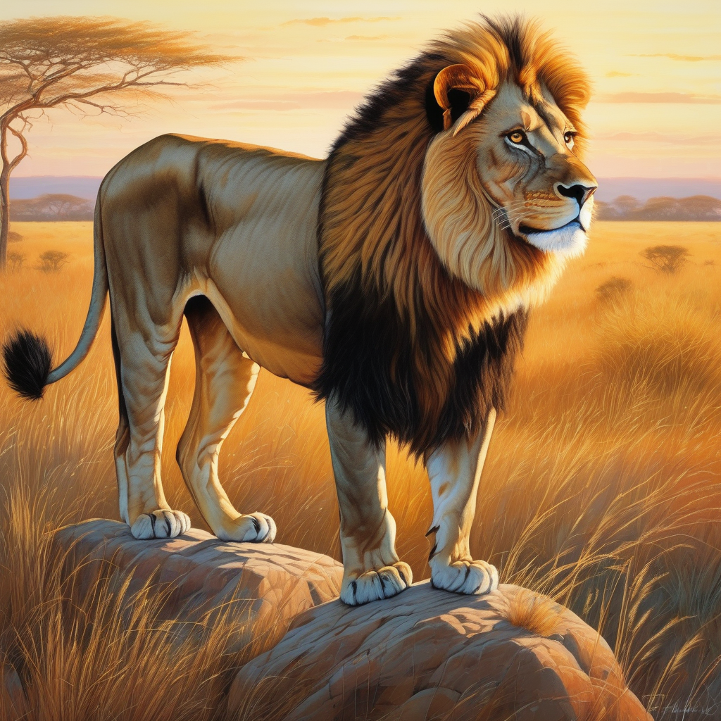 A Majestic Lion In The African Savanna At Golden Hour Cinematic