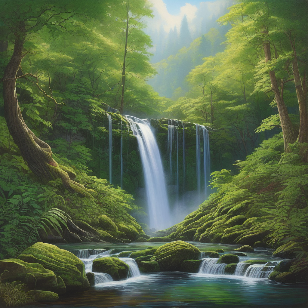 A Majestic Waterfall Surrounded By Mossy Rocks And Green Forest Early 