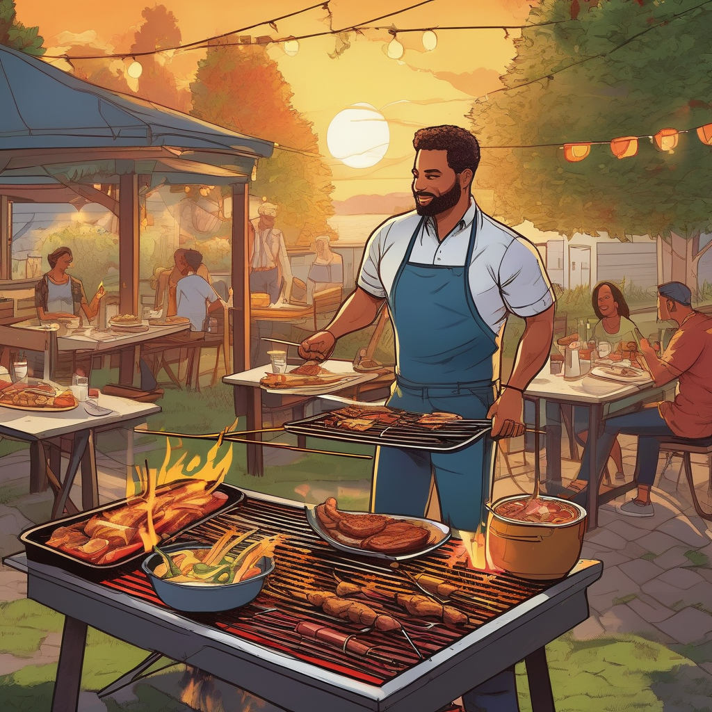 A Man Grilling Skewers At A Summer Bbq Party Smoke And Fire Details Ul