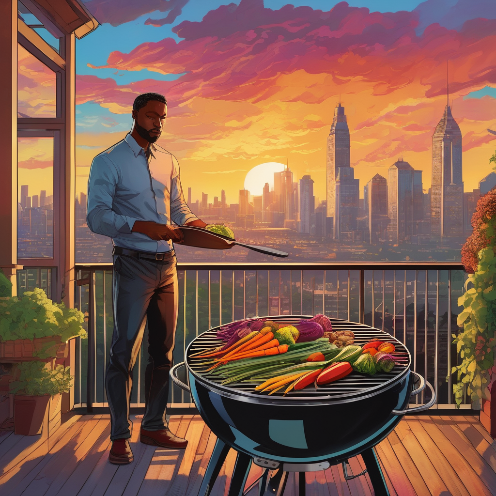 A Man Grilling Vegetables On A Terrace With City Skyline In Background