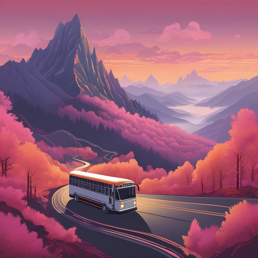 A Bus Driving Through A Foggy Mountain Pass At Dawn Headlight Glow And