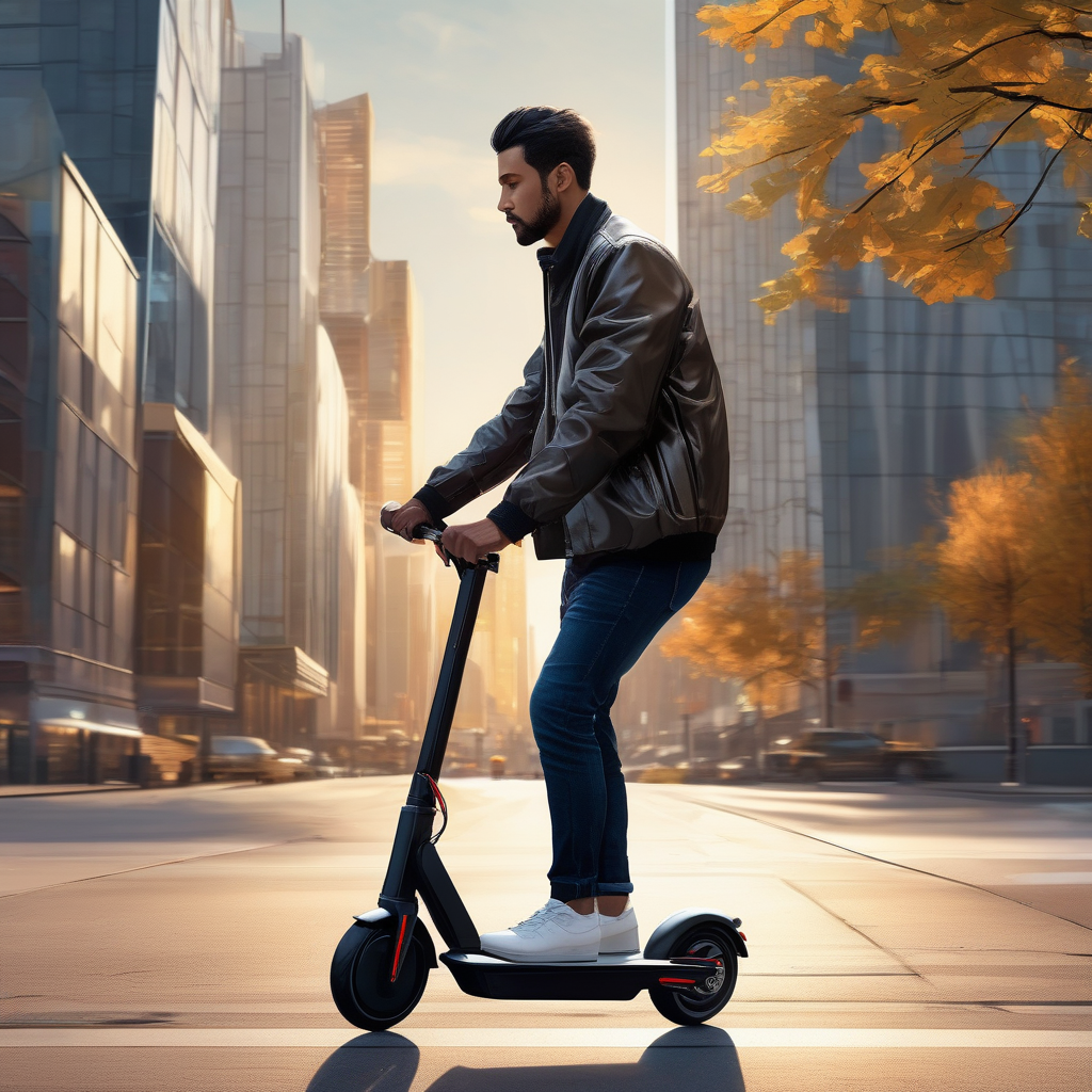 A Man Riding An Electric Scooter On A Modern Urban Street Evening Ligh