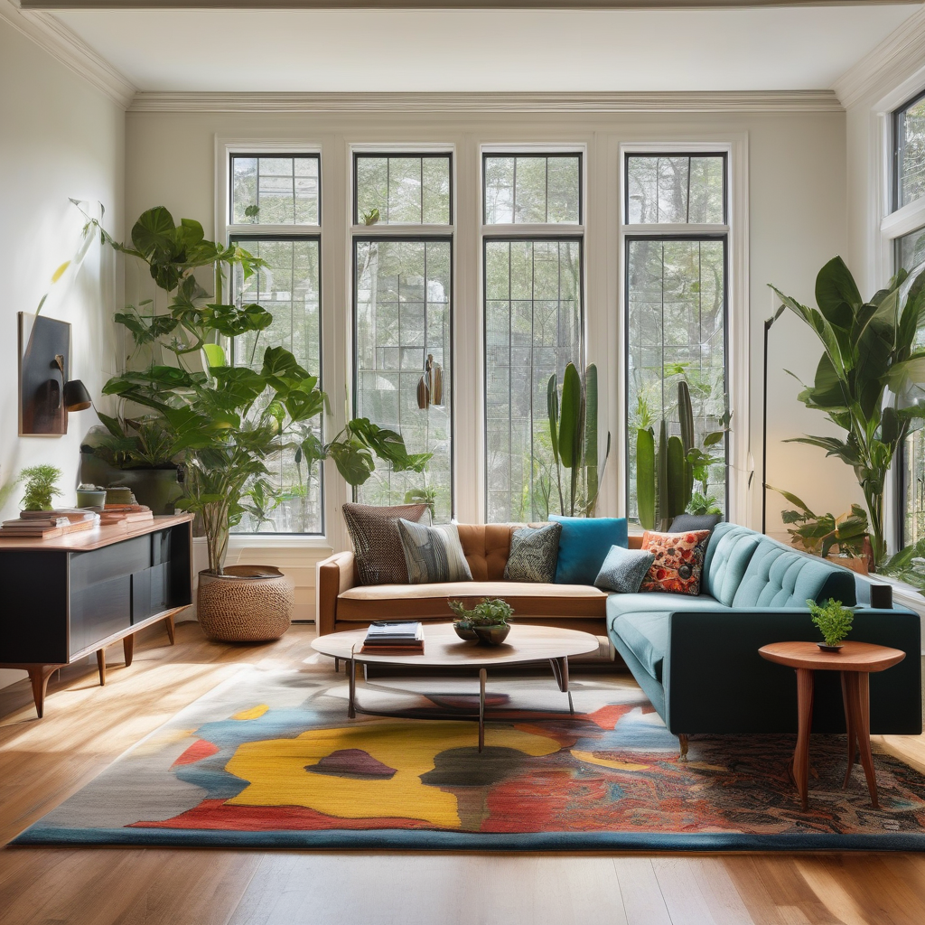A Mid Century Modern Living Room With Large Windows And Stylish Furnit