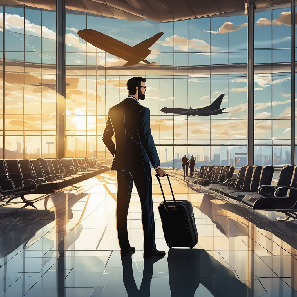 A Businessman Using A Smartphone While Walking Through A Busy Airport 