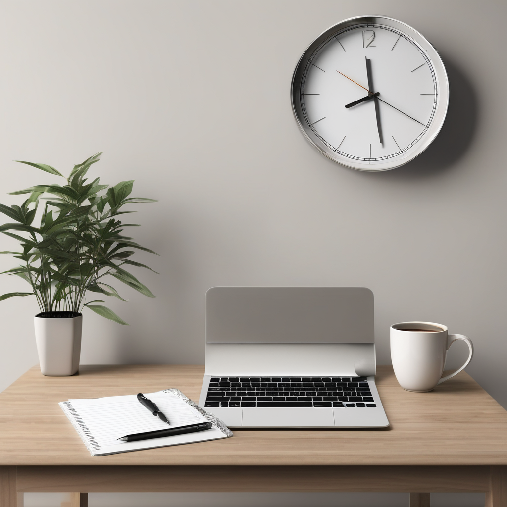 A Minimalist Desk With A Digital Clock Stylus Notebook And Coffee Cup 