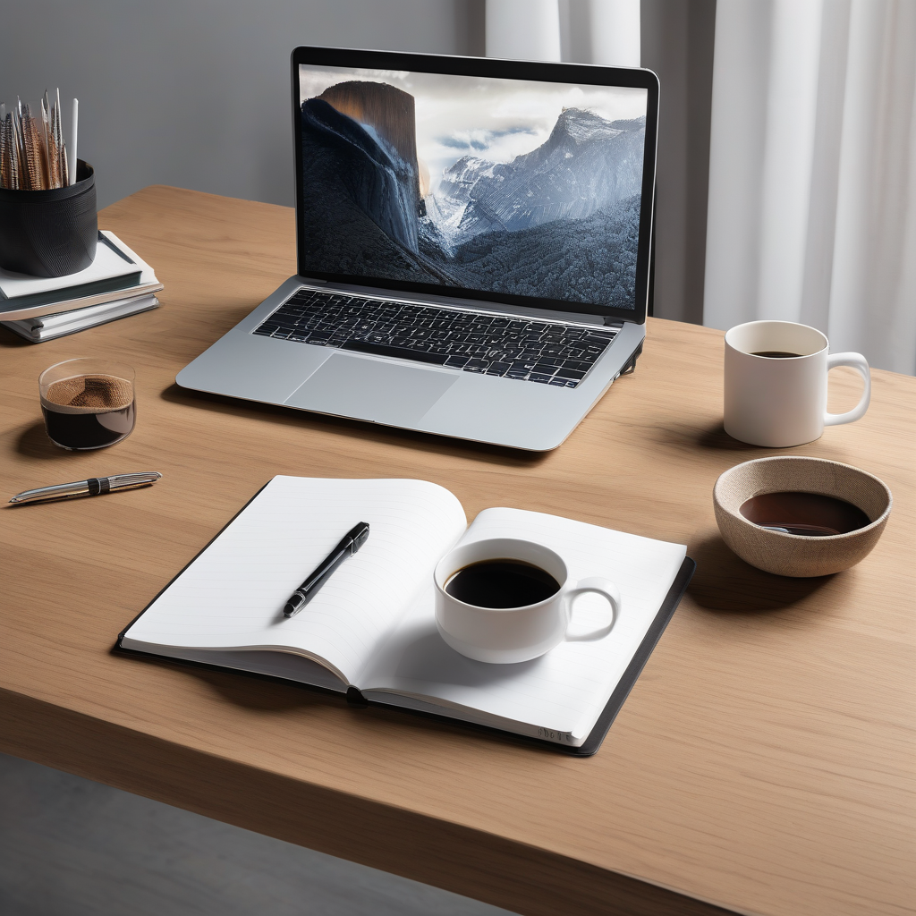 A Minimalist Workspace With A White Keyboard Coffee Cup And Notebook O