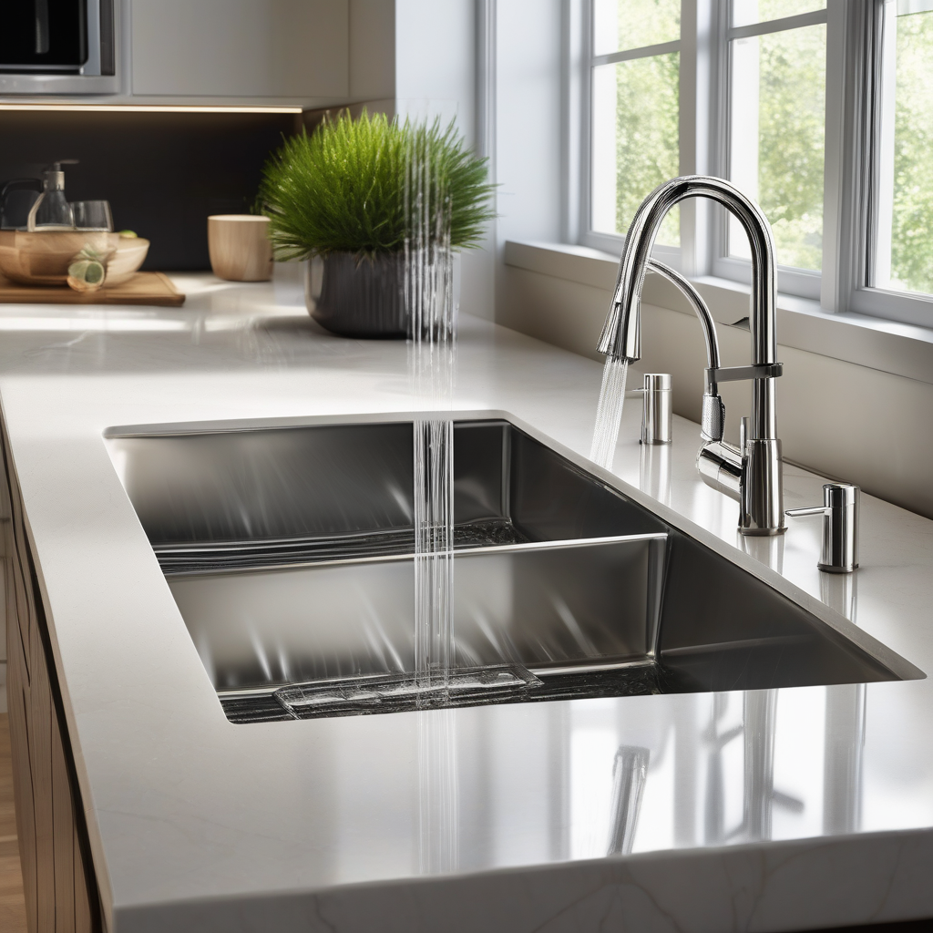A Modern Kitchen Sink With Running Water And Fresh Dishes Stainless St