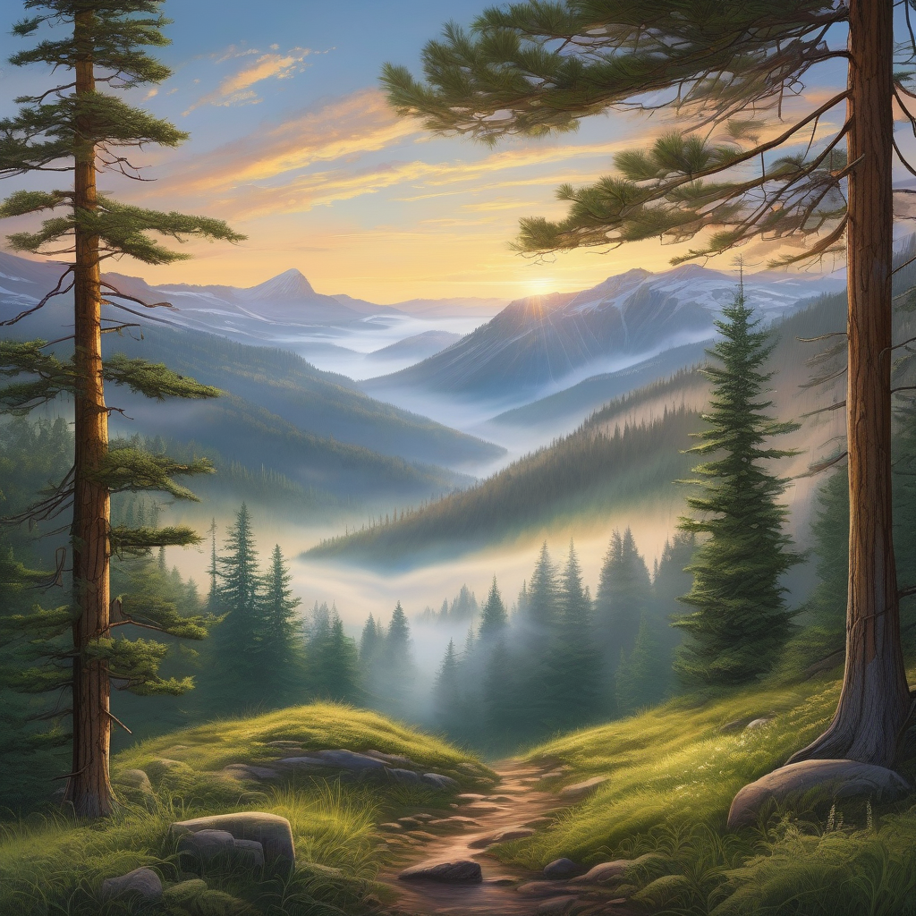 A Mountain Valley Covered With Mist At Sunrise Pine Trees In Foregroun